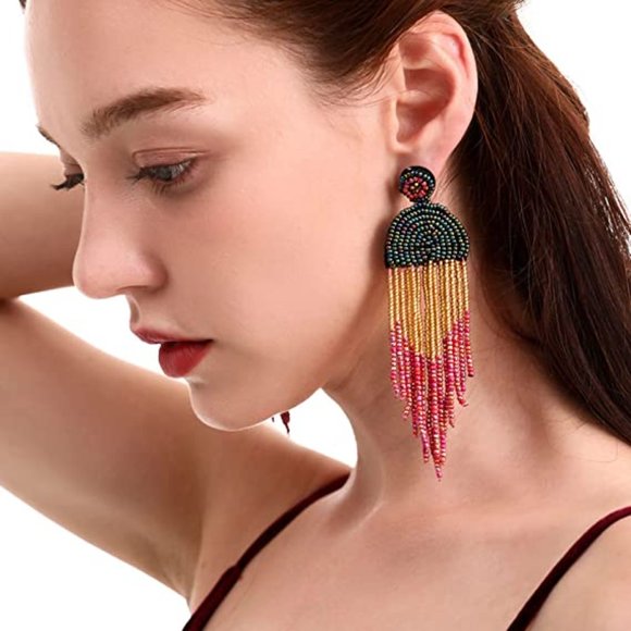 Long 4.5" Modern Art Deco Oversized Post Earrings AB Green Red Brown Gold Beaded - Picture 7 of 7